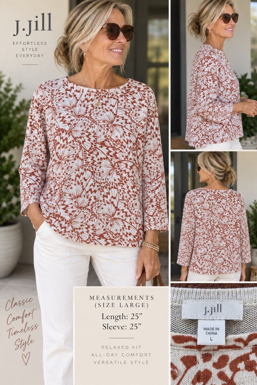 J. Jill Butterfly Print Muted Cream Rust 3/4 Sleeve Lightweight Sweater Large